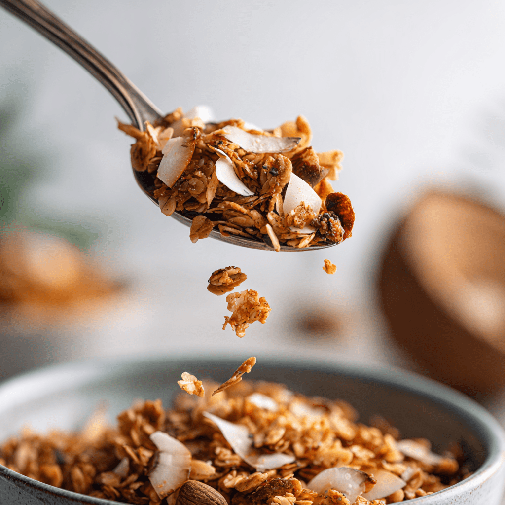 A close-up of a spoonful of My Sister’s Granola – Nutty, Sweet, and Totally Addictive, featuring oats, coconut flakes, and nuts above a bowl of more granola, with some pieces falling from the spoon.