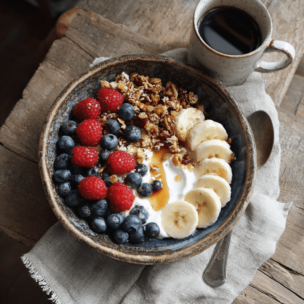A rustic ceramic bowl with yogurt, blueberries, raspberries, banana slices, My Sister’s Granola – Nutty, Sweet, and Totally Addictive, toasted coconut, and honey sits beside a cup of black coffee on a wooden table.
