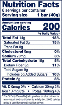 Thumbnail for The Nutrition Facts label for the Apple Cinnamon Crisp YES Bar®—Cozy, Crunchy, Apple Pie Vibes lists 1 bar (40g) as a serving, with 200 calories, 14g fat, 0mg cholesterol, 70mg sodium, 15g carbs, 3g fiber, 9g sugars (5g added), and 8g protein plus vitamins/minerals.