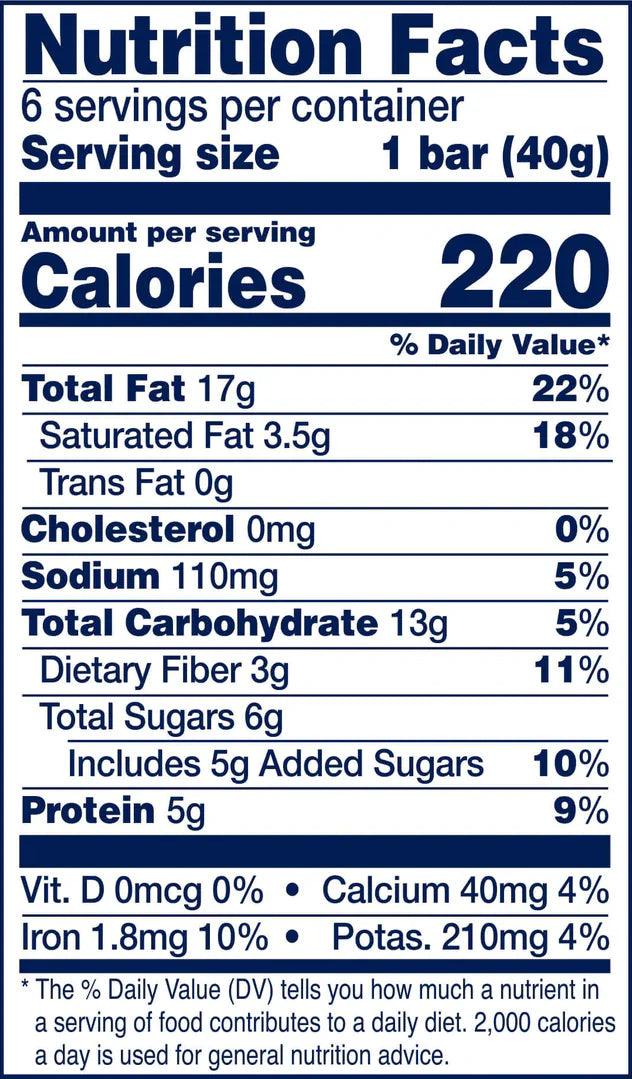 Nutrition facts for the Black Sesame Sea Salt YES Bar®—a gluten-free, plant-based snack. Serving size: 1 bar (40g), 220 calories, 17g fat, 13g carbs, 3g fiber, 6g sugars, and 9g protein with zero cholesterol. Sweet & savory!.