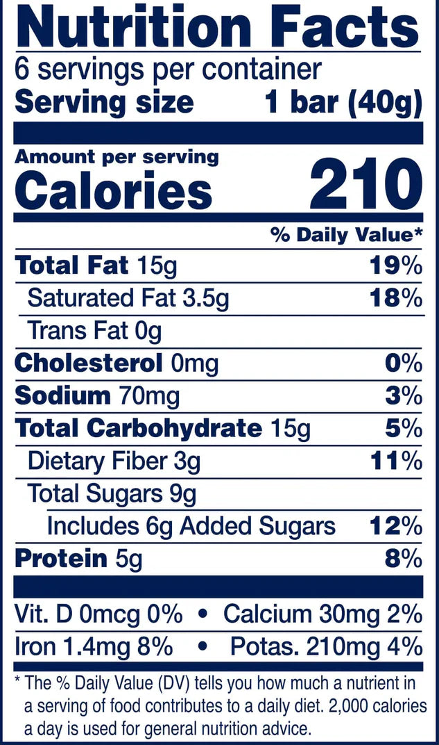 Nutrition Facts for Macadamia Chocolate YES Bar® – The OG Flavor That Started It All: 6 servings/container, 40g per serving, 210 calories, 15g fat, gluten-free, 0mg cholesterol, 15g carbs (9g sugar), plus vitamin info included.
