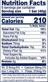 Thumbnail for Nutrition Facts for Macadamia Chocolate YES Bar® – The OG Flavor That Started It All: 6 servings/container, 40g per serving, 210 calories, 15g fat, gluten-free, 0mg cholesterol, 15g carbs (9g sugar), plus vitamin info included.