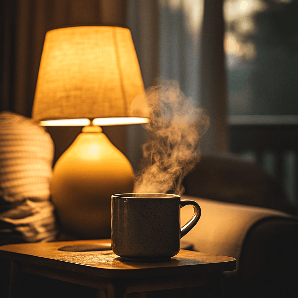 Steaming ceramic mug on a side table in warm lamp light — Java Momma decaf coffee for winding down