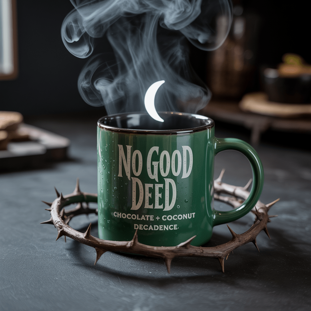 Emerald green coffee mug with thorny vines and crescent moon steam, labeled No Good Deed – chocolate and coconut flavored Wicked-inspired coffee.