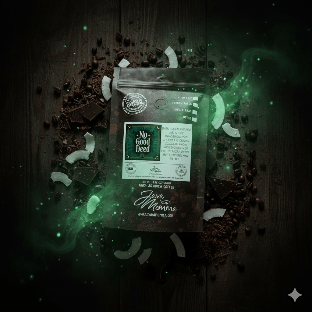 No Good Deed Coffee package with a dark background and green accents