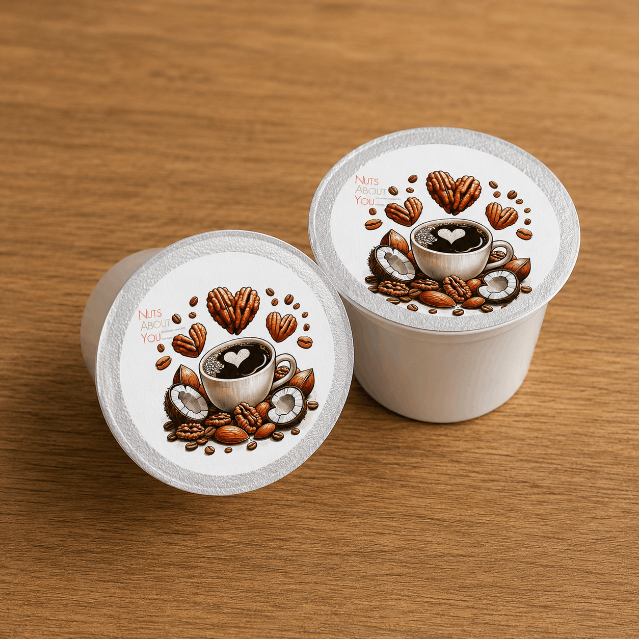 nuts about you flavored coffee kcups on wooden surface
