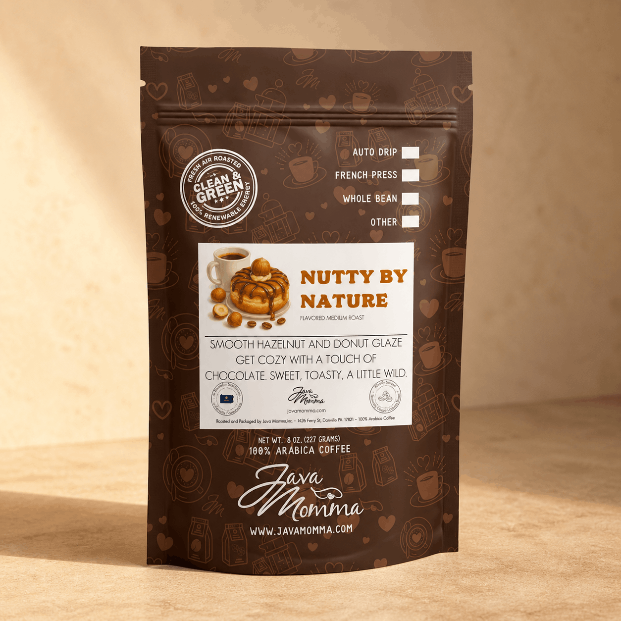 Java Momma Nutty by Nature flavored coffee bag on a warm wood surface