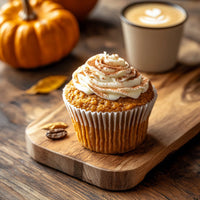 Thumbnail for Pumpkin muffin with cream cheese frosting on wooden board, latte with foam art in background – Java Momma Oh My Gourd Becky flavored coffee inspired by pumpkin roll