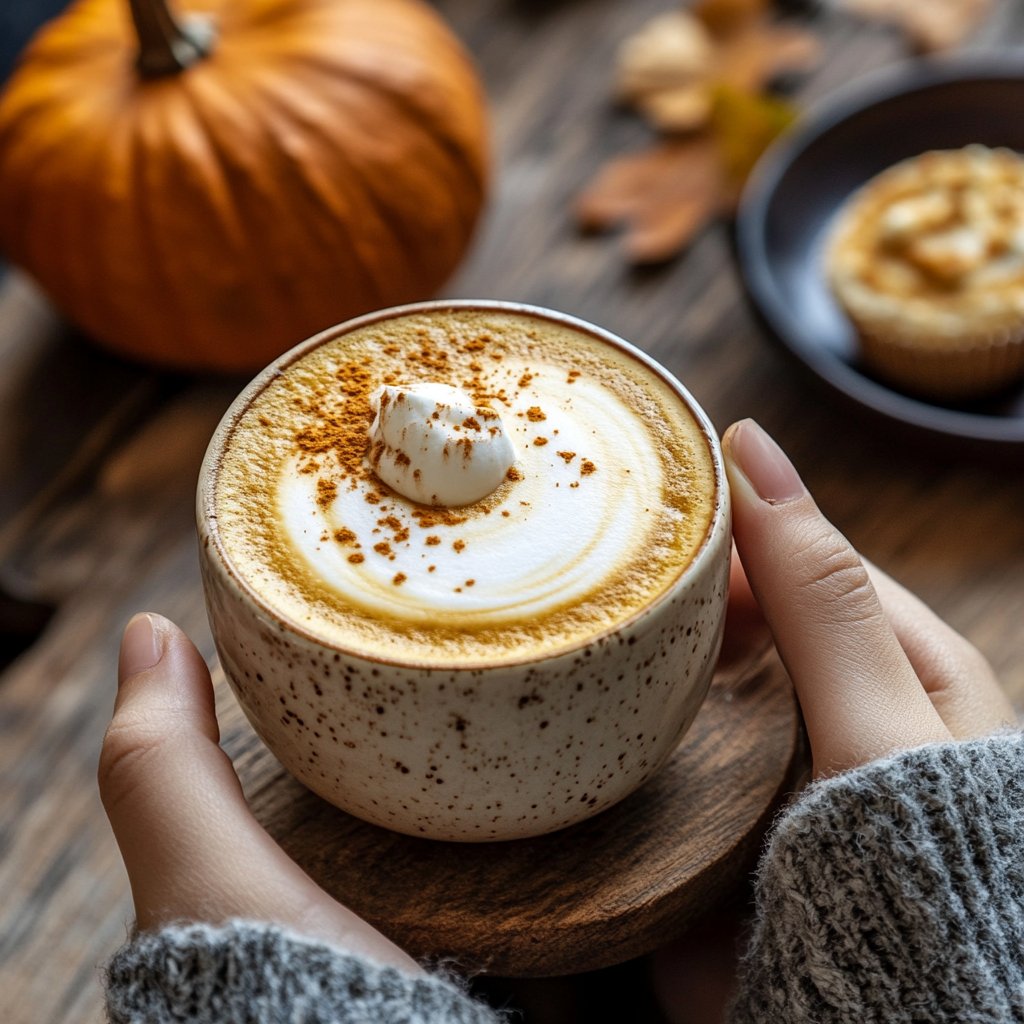 Hands holding cozy mug of frothy pumpkin latte with cinnamon sprinkle, pumpkin in background – pumpkin roll with creamy icing coffee scene