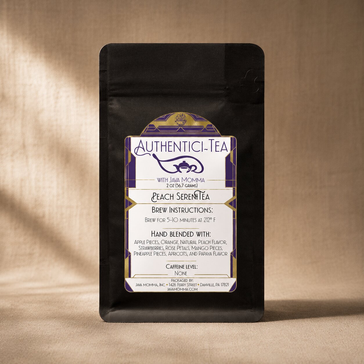 Peach Sereni tea - Black tea package with 'Authentici-Tea' label on a beige background