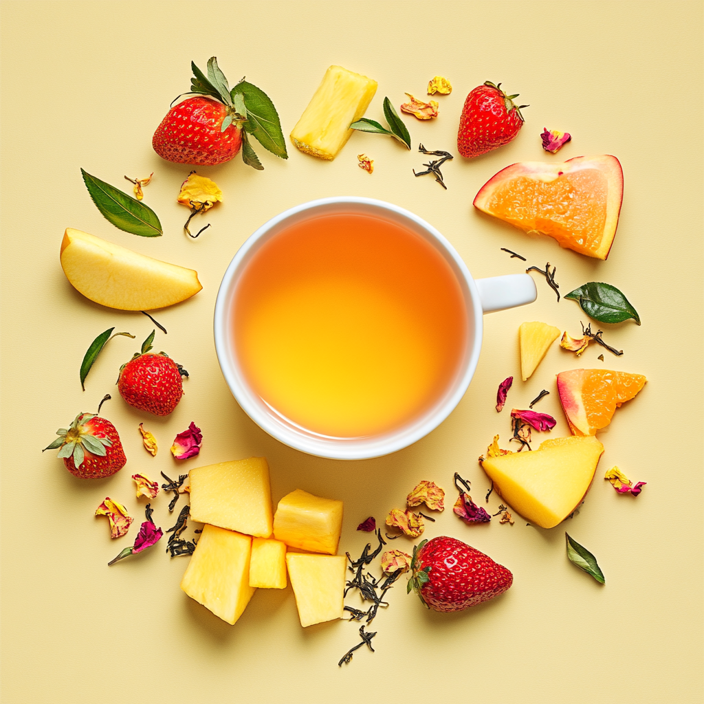 Cup of peach-colored herbal tea surrounded by fresh fruit and dried tea ingredients including strawberries, pineapple, mango, apple slices, rose petals, and orange on a light yellow background.