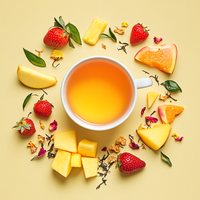 Thumbnail for Cup of peach-colored herbal tea surrounded by fresh fruit and dried tea ingredients including strawberries, pineapple, mango, apple slices, rose petals, and orange on a light yellow background.
