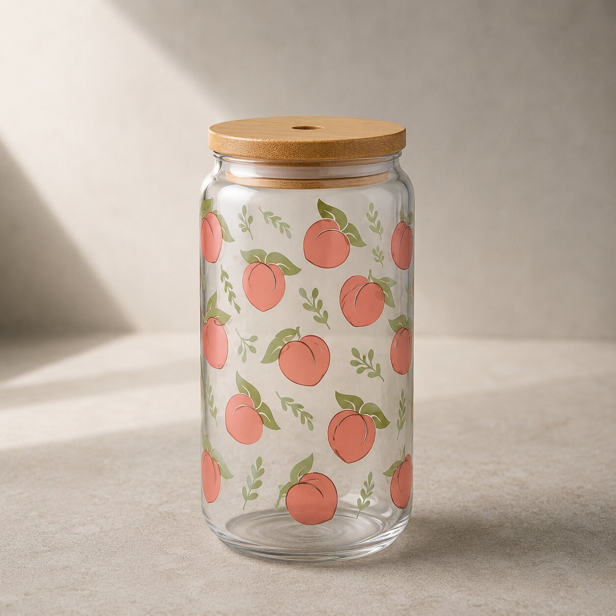 Glass jar with peach pattern and wooden lid on a neutral background