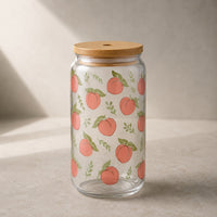 Thumbnail for Glass jar with peach pattern and wooden lid on a neutral background