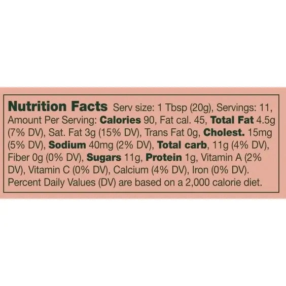 Nutrition facts for Peach Vanilla Honey Cream Spread 🍑 – Sweet Summer Bliss in a Jar: per 1 tbsp (20g)—90 cal, 4.5g fat, 15mg cholesterol, 40mg sodium, 11g sugars, 1g protein. Servings/container: 11. %DV based on a 2,000 cal diet.
