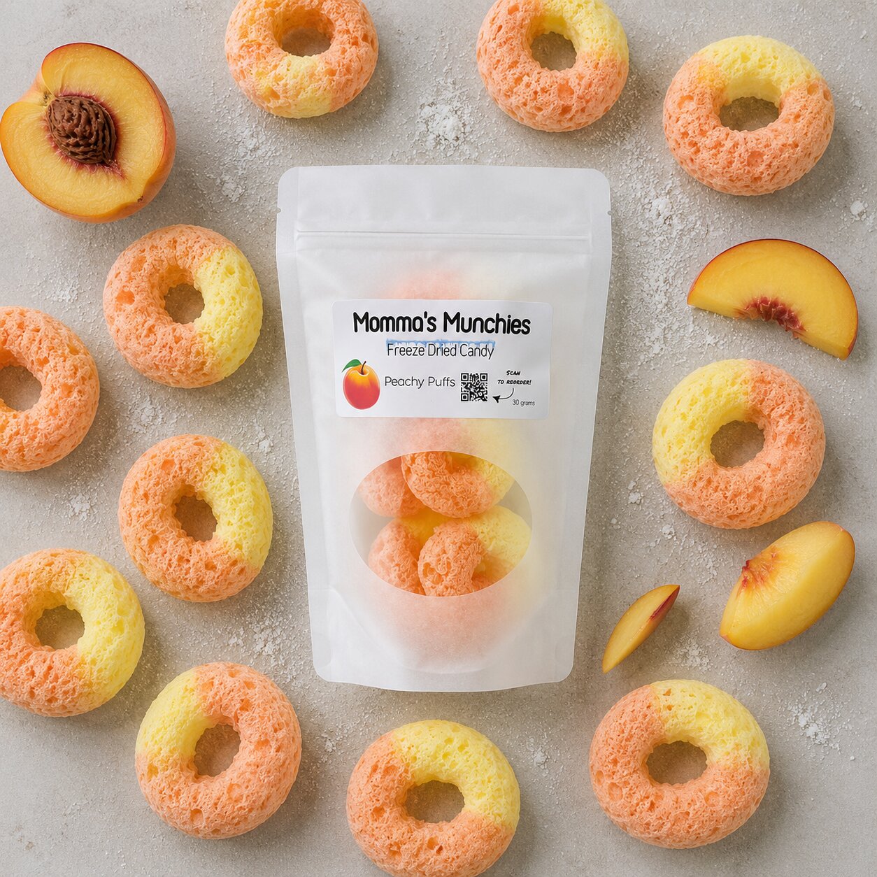 Packaging of Momma's Munchies Freeze Dried Candy with peach-shaped donuts and slices on a light background