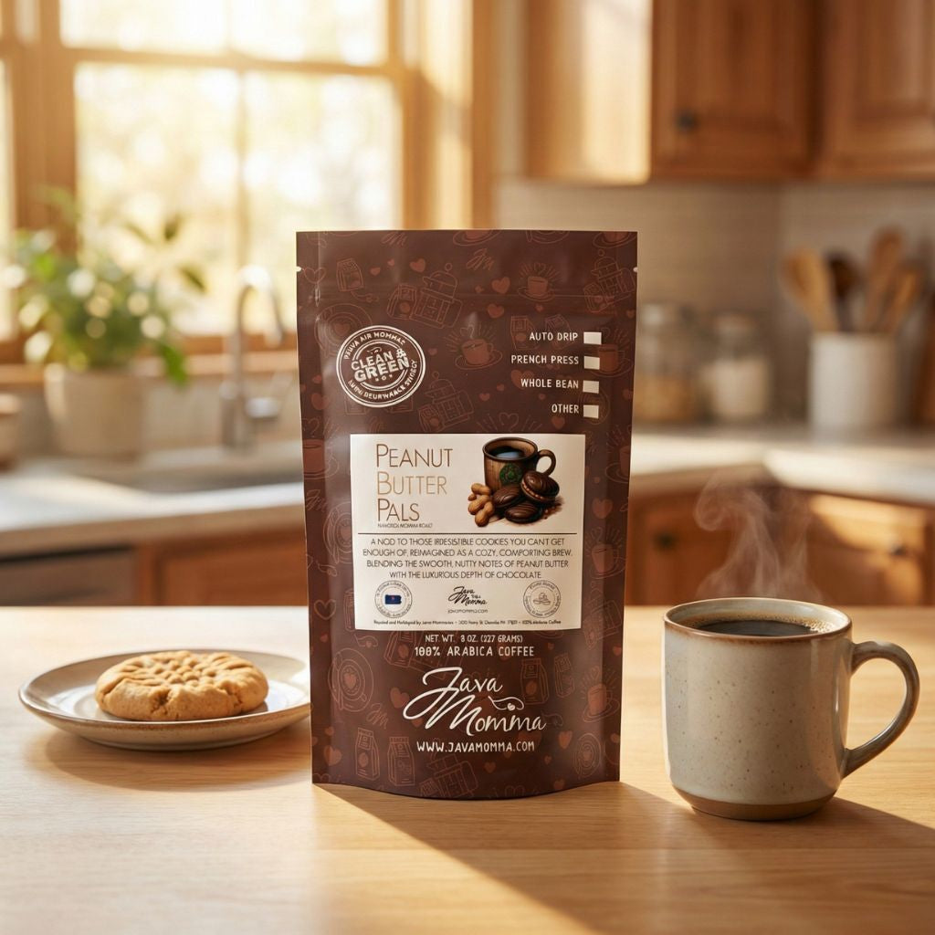Peanut Butter Pals coffee bag on a kitchen counter with a steaming mug and peanut butter cookie