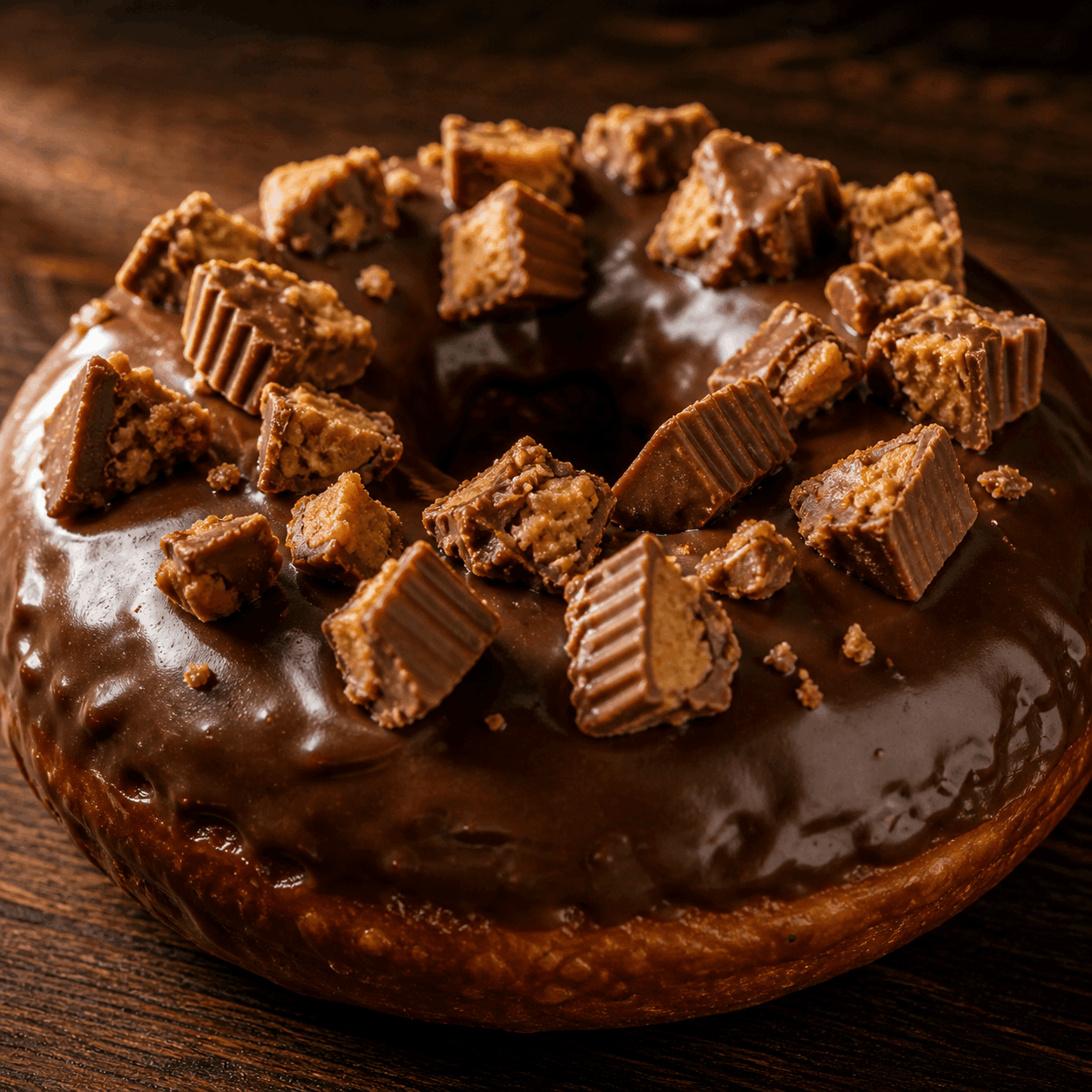 Close-up of a chocolate glazed donut topped with chopped peanut butter cup pieces on a dark surface