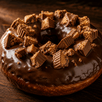 Thumbnail for Close-up of a chocolate glazed donut topped with chopped peanut butter cup pieces on a dark surface