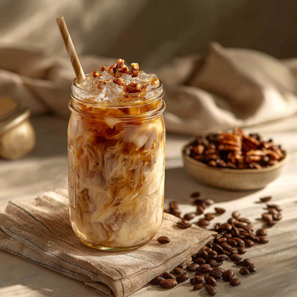 A mason jar of 🥜 Pecan Praline, a buttery, nutty medium roast inspired by a Southern summer treat, served iced with cream, topped with chopped nuts and a paper straw. Coffee beans and nuts rest on a beige cloth in the background.
