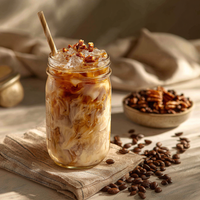Thumbnail for A mason jar of 🥜 Pecan Praline, a buttery, nutty medium roast inspired by a Southern summer treat, served iced with cream, topped with chopped nuts and a paper straw. Coffee beans and nuts rest on a beige cloth in the background.