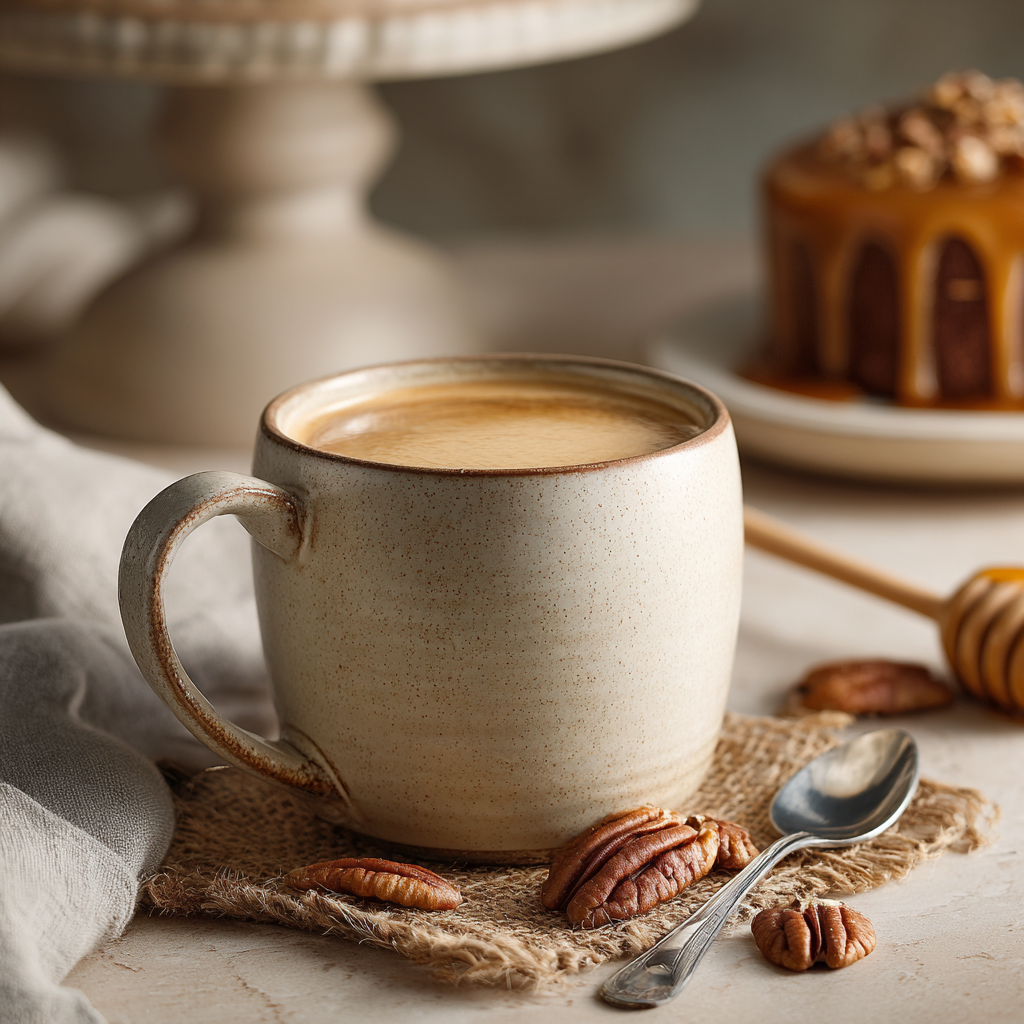 A beige ceramic mug filled with 🥜 Pecan Praline – a buttery, nutty medium roast inspired by a Southern summer treat – sits on a mat with pecans, a spoon, and honey dipper nearby. In the background is a nut-topped cake, creating a cozy scene.