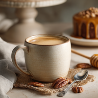Thumbnail for A beige ceramic mug filled with 🥜 Pecan Praline – a buttery, nutty medium roast inspired by a Southern summer treat – sits on a mat with pecans, a spoon, and honey dipper nearby. In the background is a nut-topped cake, creating a cozy scene.