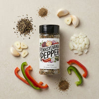 Thumbnail for Pennsylvania Pepper jar surrounded by garlic, onions, and peppers on a beige background