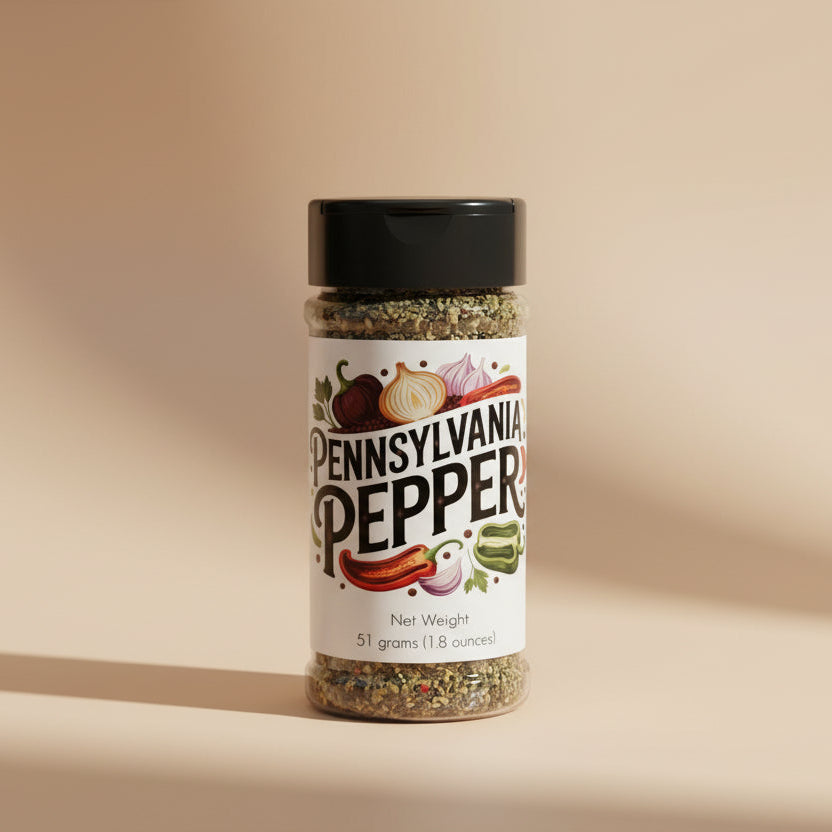 Jar of Pennsylvania pepper with a black lid on a white background