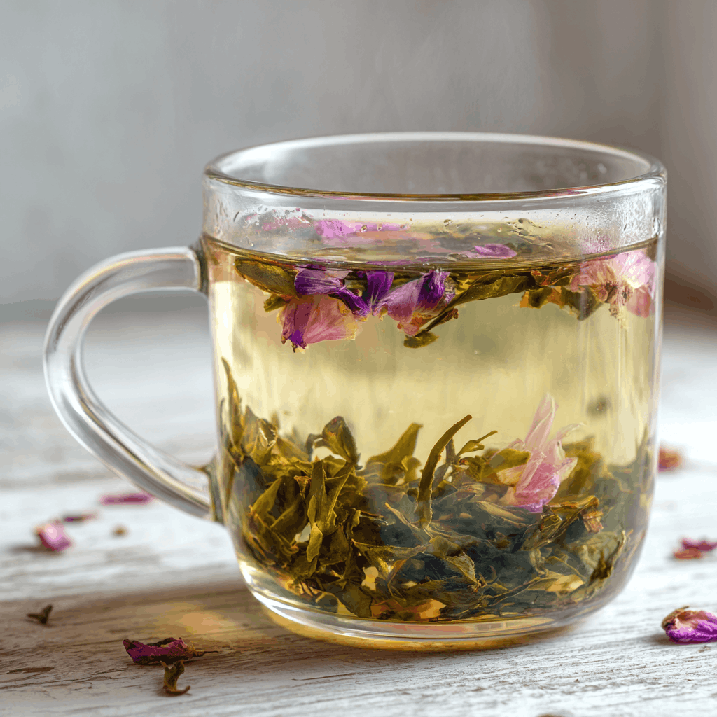 A steaming cup of Peony Grove green & white tea blend with rose petals, showcasing its light and floral character.