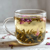 Thumbnail for A steaming cup of Peony Grove green & white tea blend with rose petals, showcasing its light and floral character.