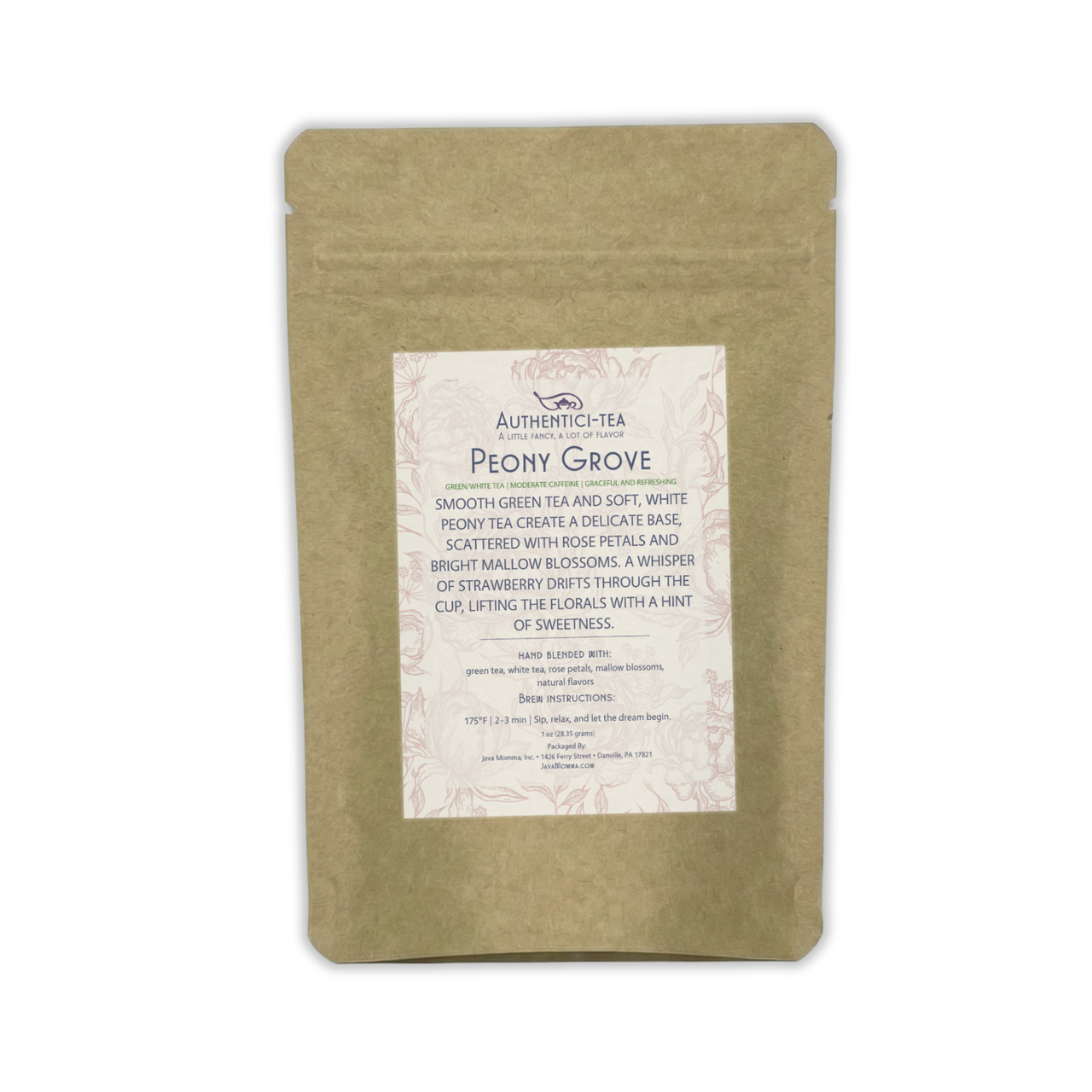 Peony Grove green & white tea blend packaging showing smooth green tea and white tea blend with rose petals.