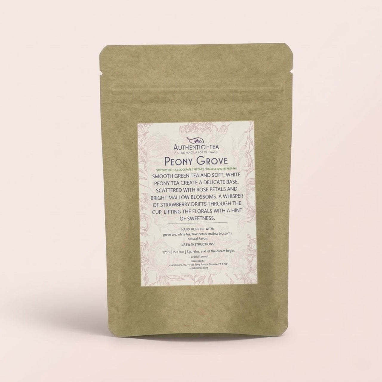Peony Grove green & white tea blend packaging showcasing a floral tea with rose petals and mallow blossoms.
