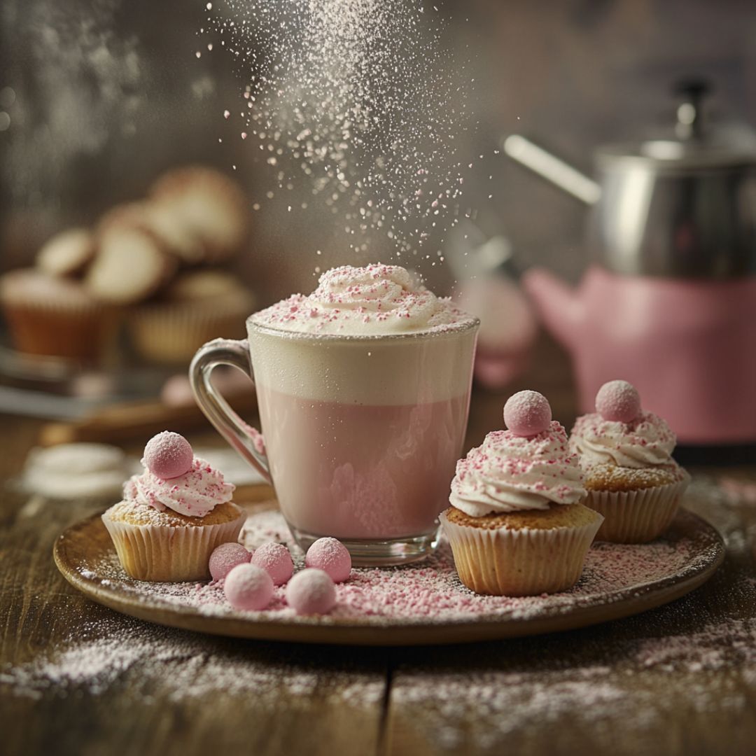 A cozy, aesthetic scene with a glass mug of whipped cream-topped peppermint latte being dusted with pink peppermint sprinkle dust. Surrounded by cupcakes decorated with the same pink dust and candy balls on a rustic wooden tray, with a pink kettle in the background.