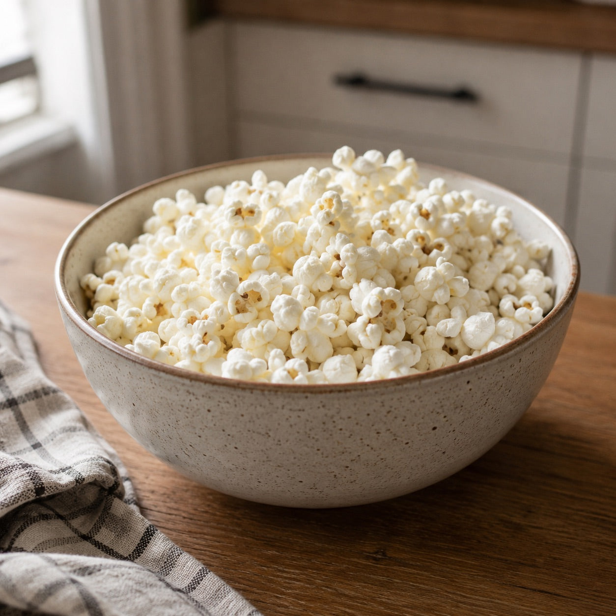 White bowl filled with popcorn on a wooden table