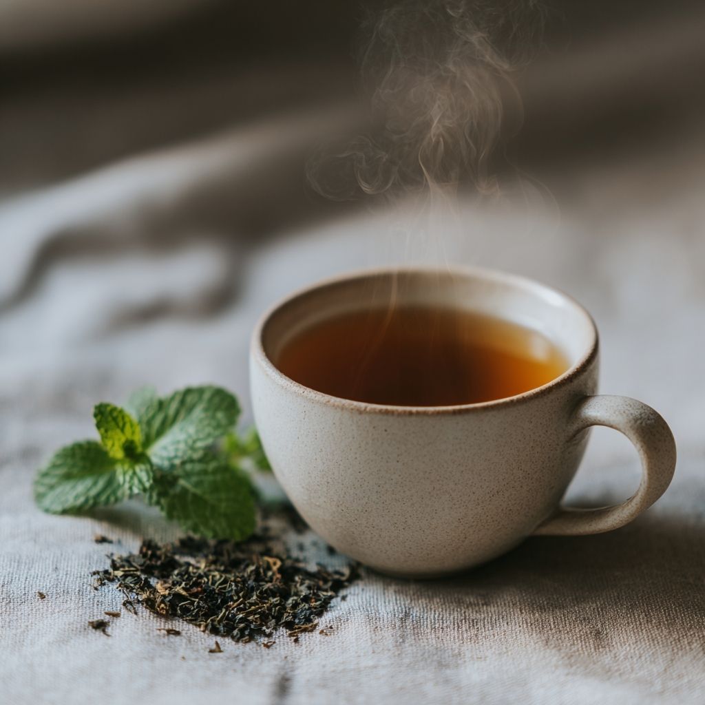 Plot Twist Mint Tea | Darjeeling & Peppermint Black Tea Blend in a steaming cup with fresh mint leaves.