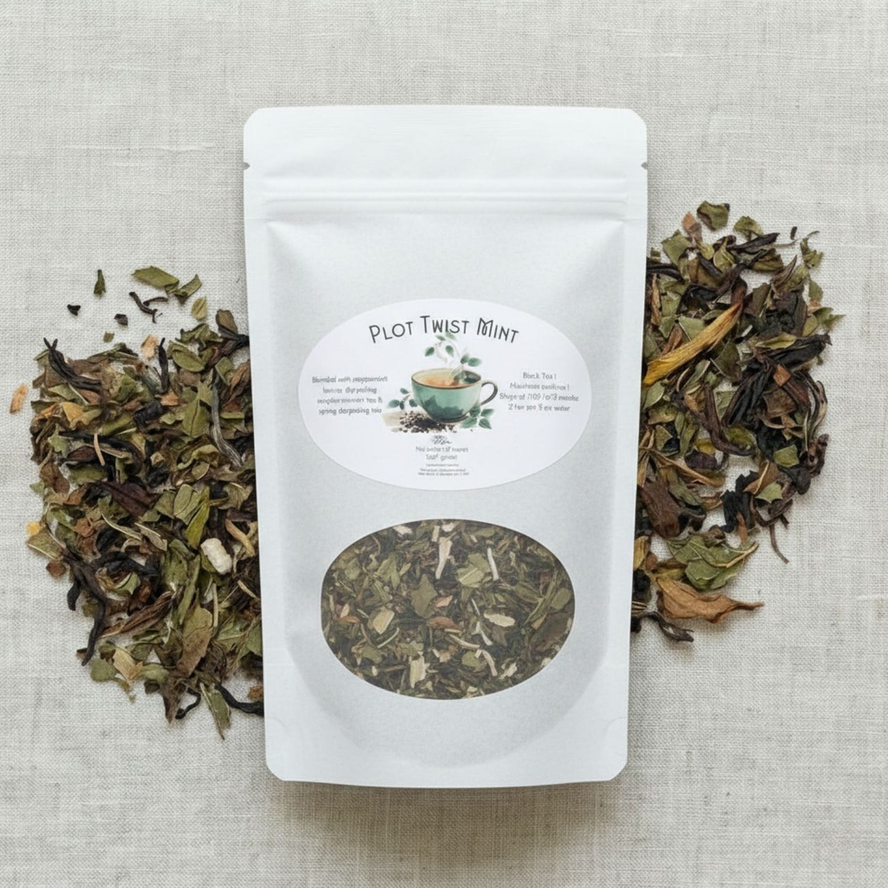 Plot Twist Mint Tea | Darjeeling & Peppermint Black Tea Blend with a bag and loose tea leaves.