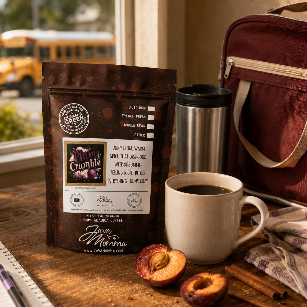 Plum Crumble Coffee | Momma's Picks bag with coffee cup and plums, showcasing juicy plum and warm spice flavors.