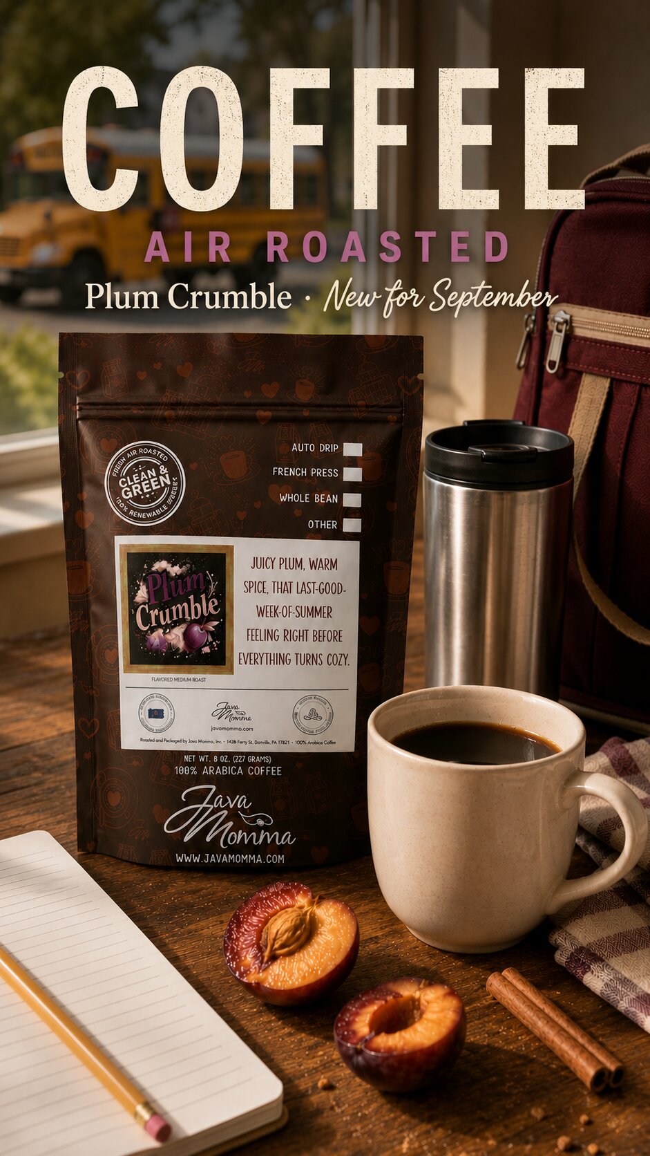 Plum Crumble Coffee | Momma's Picks packaging with coffee cup and fresh plums showcasing warm spice aroma.