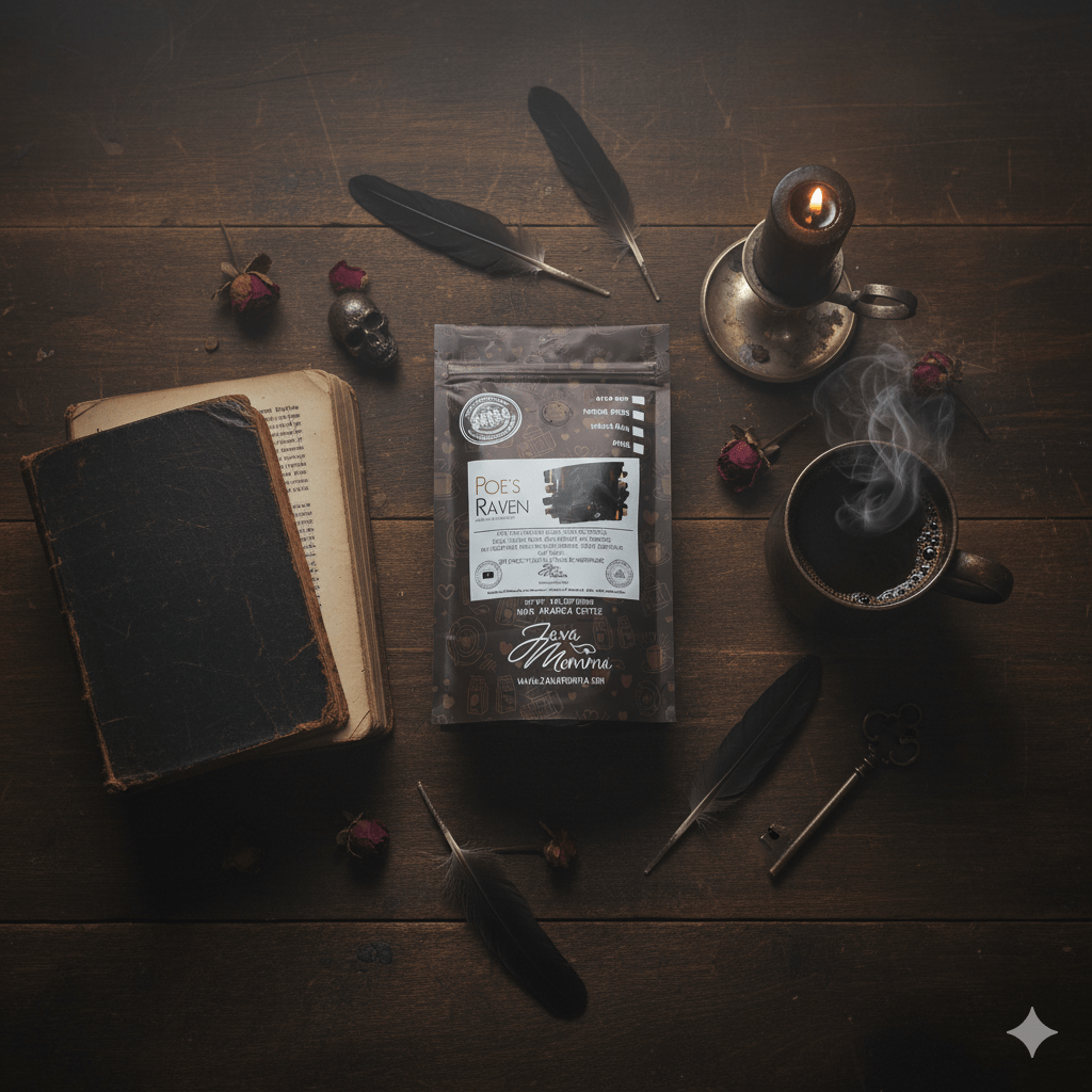 A moody scene with a vintage book, Poe’s Raven Dark Roast Duo — Limited Edition Coffee + Raven Figurine, black feathers, a steaming cup of coffee, dried roses, a skull figurine, and a lit candle on dark wood.