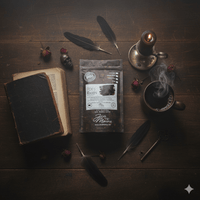 Thumbnail for A moody scene with a vintage book, Poe’s Raven Dark Roast Duo — Limited Edition Coffee + Raven Figurine, black feathers, a steaming cup of coffee, dried roses, a skull figurine, and a lit candle on dark wood.