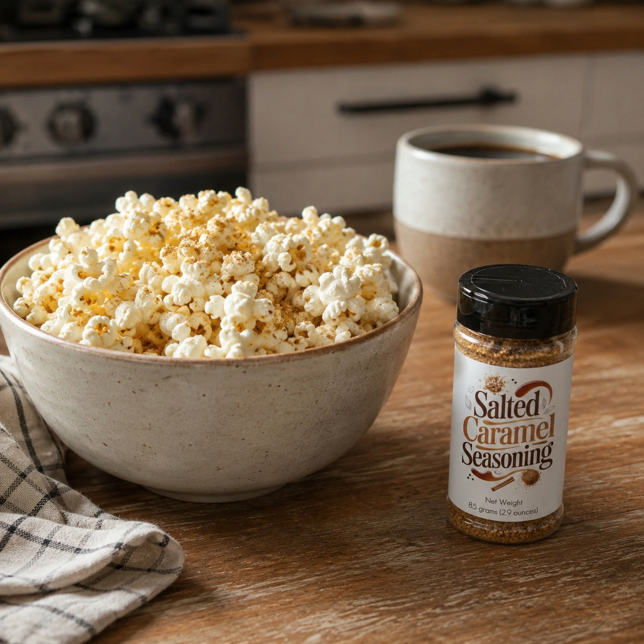 Bowl of popcorn with a bottle of salted caramel seasoning on a wooden table.