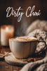 steaming mug of dirty chai with overlay text of Dirty Chai
