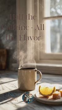 Steaming mug of half-caff coffee on a sunlit marble counter beside an orange slice and sugar cubes, with text reading “Half the Caffeine · All the Flavor” and Java Momma Night Owl Half Caff logo.