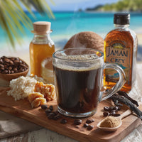 Steaming coffee mug on a bamboo tray, ocean-inspired background, vanilla pods + caramel drizzle nearby.