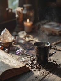 Steaming black coffee mug on a wooden desk with a spellbook, tarot cards, crystals, and scattered coffee beans in moody candlelight.
