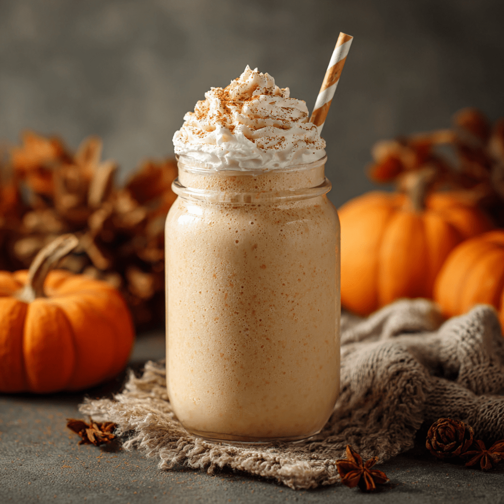 A Pumpkin Spice Latte Packet 🎃 sits on a textured cloth in a mason jar topped with whipped cream and a straw. Small pumpkins, star anise, and pinecones create cozy fall vibes—a perfect way to enjoy autumn in every sip!.