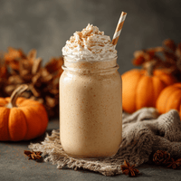 Thumbnail for A Pumpkin Spice Latte Packet 🎃 sits on a textured cloth in a mason jar topped with whipped cream and a straw. Small pumpkins, star anise, and pinecones create cozy fall vibes—a perfect way to enjoy autumn in every sip!.