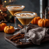 Thumbnail for Two martini glasses with creamy pumpkin cocktails, topped with foam and Pumpkin Pie Finishing Sugar 🎃 – Sweet, Spiced & Ready for Fall Sippin, sit on a wooden board amid mini pumpkins, cinnamon sticks, and a brown napkin in a cozy autumn setting.