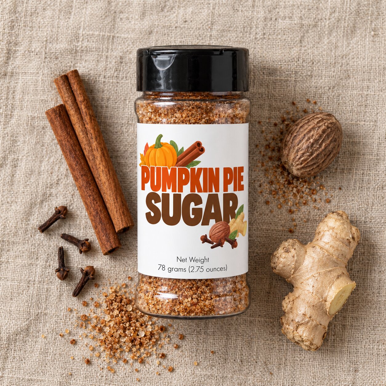 A jar of Pumpkin Pie Sugar spice blend sits on a textured beige linen background, surrounded by its natural ingredients including cinnamon sticks, cloves, nutmeg, ginger root, and scattered sugar crystals. The jar has a black lid and a white label with orange and brown text.